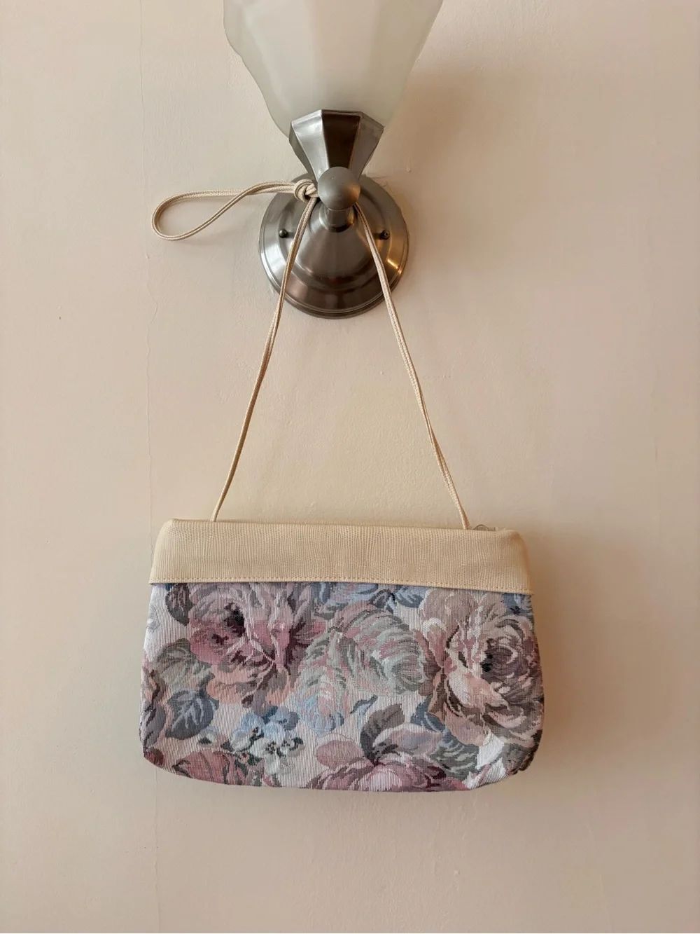 Vintage Floral Tapestry Purse Cream Dusty Rose Pink Rose Print Cottagecore Bag